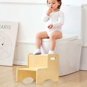 WOOD CITY Wooden Toddler Step Stool for Kids, Bathroom Potty Stool & Kitchen Stool, Natural Two Step Stool for Bedroom, Children's Stool with Handles and Safety Non-Slip Pads - Image 2