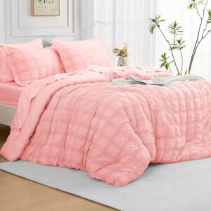 JOLLYVOGUE King Comforter Set Seersucker 7 Pieces, Pink Comforter, Soft Bed in a Bag King Size, All Season Bedding Set with Comforter, Flat Sheet, Fitted Sheet, Pillowcases, Pillow Shams