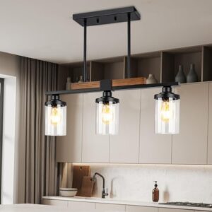 Black Kitchen Island Lighting Fixture, 3-Light Farmhouse Dining Room Chandelier Over Table, Large Pendant Light Ceiling Hanging, Modern Dining Table Light with Adjustable Height