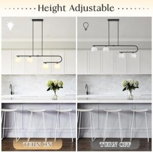 Kitchen Island Lighting 4 Lights, Black Dining Room Light Fixture Over Table, Mid Century Modern Chandelier Globe Glass Linear Chandelier Pendant Lighting for Dining Table, Height Adjustable - Image 7