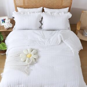 JOLLYVOGUE Queen Comforter Set, 3 Pieces White Seersucker Comforters Queen Size, Lightweight & Fluffy Bedding Sets Queen for All Season with 1 Ruffle Comforter and 2 Ruffle Pillowshams - Image 2