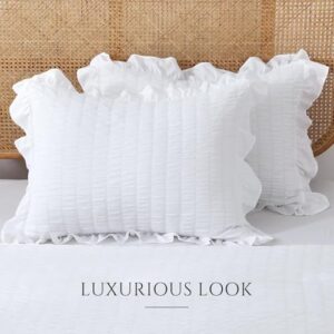 JOLLYVOGUE Queen Comforter Set, 3 Pieces White Seersucker Comforters Queen Size, Lightweight & Fluffy Bedding Sets Queen for All Season with 1 Ruffle Comforter and 2 Ruffle Pillowshams - Image 8