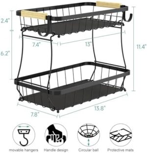 2 Tier Fruit Basket for Kitchen with 2 Banana Hangers, Detachable Metal Fruit Bowl for Kitchen Counter for Fruit and Vegetable Storage, Large Capacity Tiered Fruit Tray - Image 6