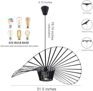 Modern Black Woven Chandelier, 31.5" Farmhouse Coastal Hat Pendant Light Fixtures Matte Black Handwoven Shade Boho Pendant Hanging Lamp for Kitchen Dining Room Bedroom Foyer Hallway - Image 3