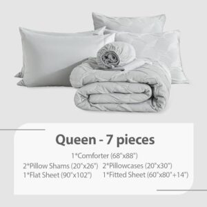 Queen Bedding Comforter Set- Luxury Spandex Jacquard 7 Pieces Bed in a Bag, Lightweight Comforter with 1 Fitted Sheet, 1 Flat Sheet, 2 Pillowshams & 2 Pillowcases, Light Grey - Image 5