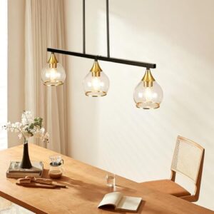 Island Light for Kitchen, 3-Light Black and Gold Kitchen Island Farmhouse Linear Hanging Pendant Chandeliers, Matte Black Dining Room Light Fixture Over Table with Clear Round Glass Shades - Image 3