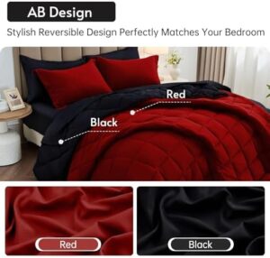 MUXHOMO 7 Pieces Queen Comforter Set, Reversible Bed in a Bag Queen Size, All Season Bedding Set with Comforter, Flat Sheet, Fitted Sheet, Pillowcases & Shams, Red & Black - Image 3