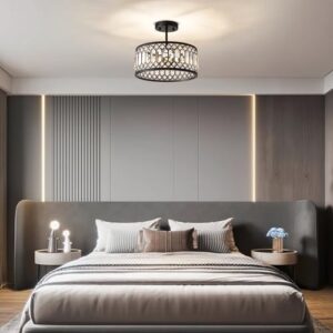 Crystal Black Ceiling Light, Modern Semi Flush Mount Ceiling Lighting Fixture, Round Hallway Lighting Fixtures Chandelier for Kitchen Entryway Bedroom Dining Room, 3-Light, 12.2 Inch - Image 8