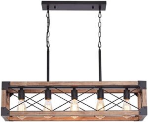 Farmhouse Kitchen Island Lighting, 5-Light Dining Room Light Fixture, Farmhouse Linear Chandelier with Solid Wood for Dining Room Kitchen Bar Pool Table