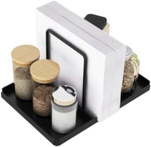 Napkin Holder for Table, Metal Napkin Holder with Salt and Pepper Shakers Caddy, Standing Paper Napkin Storage for Kitchen Dining Table Decor, Black