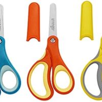 LIVINGO 3 Pack 5” Kids Scissors, Left/Right Handed Blunt Stainless Safety Toddler Preschool Child Scissors with Cover, School Classroom Craft Supplies for Teachers, Yellow/Blue/Gray