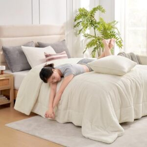 Snuggle Sac Ultra Soft Queen Comforter Set Ivory, 3 Pieces Solid Warm Sherpa Fluffy Bedding Comforter Sets Queen Size (1 Comforter, 2 Shams) - Image 2