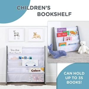 Humble Crew 4-Tier Kids Bookshelf, Grey Wood/White - Premium Book Shelf for Kids Rooms with Four Deep Pockets - Toddler Sling Book Rack with Deep Sleeves, Nursery Bookcase Organizer - Image 4