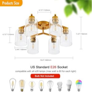 Kitchen Lighting Fixtures Ceiling Living Room Ceiling Light Fixture Gold Kitchen Ceiling Light Fixtures 6-Light Semi Flush Mount Chandelier Large Dining Room Ceiling Light with Clear Glass Shade - Image 3