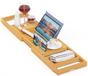 Luxury Bathtub Caddy Tray,Bamboo Bathtub Tray Caddy - Wood Bath Tray Expandable,Can be Placed Book and Integrated Tablet Smartphone and Wine Holder - Gift Idea for Loved Ones