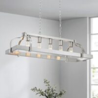 WUZUPS 5-Light Metal Pot Hanging Rack Chandelier Linear Pendant Ceiling Lighting Rustic Farmhouse Fixture Kitchen Island Dining Room, H 9.8" L 34.6" W11.8, E26 Base, Brushed Nickel