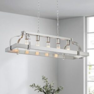 WUZUPS 5-Light Metal Pot Hanging Rack Chandelier Linear Pendant Ceiling Lighting Rustic Farmhouse Fixture Kitchen Island Dining Room, H 9.8" L 34.6" W11.8, E26 Base, Brushed Nickel