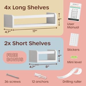 Floating Nursery Book Shelves for Wall Set of 4+2, Wall Bookshelf for Kids Room, Toys & Books Display, Nursery Decor Storage, Book Shelf for Kids Rooms Hanging Bookshelf (6-in-1 White) - Image 2