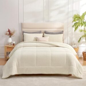 Snuggle Sac Ultra Soft Queen Comforter Set Ivory, 3 Pieces Solid Warm Sherpa Fluffy Bedding Comforter Sets Queen Size (1 Comforter, 2 Shams)
