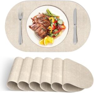 DOLOPL Placemats Set of 6, Oval Large Beige Place Mats for Kitchen Dining Room Table Decorations, Faux Leather Waterproof Machine Washable Dining Table Place Mats for Indoor & Outdoor(13.8"x21.6")