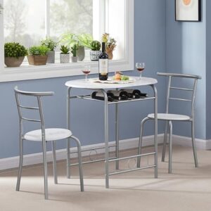 VECELO 3-Piece Dining Table Set for Kitchen Breakfast Nook, Wood Grain Oval Tabletop and Metal Frame with Built-in Wine Rack, for Small Spaces, 31.5", White & Silver - Image 2