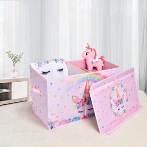 WERNNSAI Toy Box for Girls - Collapsible Oxford Storage Bin with Handles 25" x 13" x 16" Toys Clothes Books Unicorn Chest Organizer Cube with Flip-top Lid for Kids Bedroom Nursery Living Room - Image 6