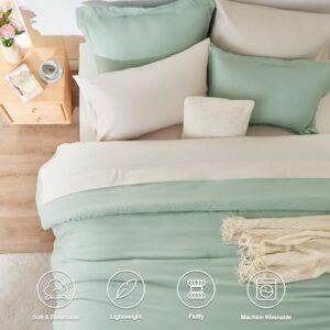 CozyLux Full Size Comforter Sets Sage Green 7 Pieces Full Bed in a Bag Bedding Set Contrasting Design with Comforter, Flat Sheets, Fitted Sheet, Pillowcases & Shams, Sage Green and Beige - Image 3