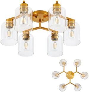 Kitchen Lighting Fixtures Ceiling Living Room Ceiling Light Fixture Gold Kitchen Ceiling Light Fixtures 6-Light Semi Flush Mount Chandelier Large Dining Room Ceiling Light with Clear Glass Shade