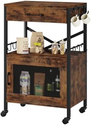 Homeiju Kitchen Island Cart, Kitchen Storage Cart with Drawer, Microwaves Stand, Coffee Cart, Rolling Kitchen Cabinet Cart with Hooks for Kitchen, Dining Room