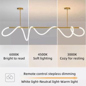 Modern Dimmable Desk Linear Pendant Light, Gold with Remote Ring Chandelier, 39 in Height Adjustment Dining Room Ceiling Lamp Fixture, Restaurant Kitchen Long Hose Lamp - Image 6