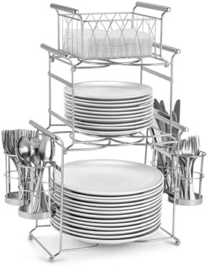 Sorbus Buffet Caddy — 7-Piece Stackable Set Includes Plate, Napkin, and Silverware Holder, 3-Tier Detachable Tabletop Organizer Ideal for Kitchen, Dining, Entertaining, Parties, Thanksgiving (Silver)