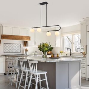 Kitchen Island Lighting 4 Lights, Black Dining Room Light Fixture Over Table, Mid Century Modern Chandelier Globe Glass Linear Chandelier Pendant Lighting for Dining Table, Height Adjustable - Image 5