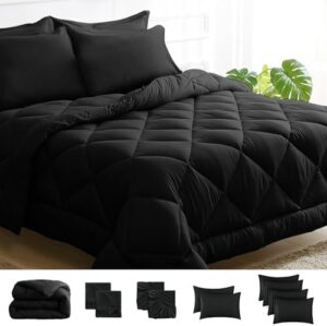 JOLLYVOGUE 11 Pieces Queen Comforter Set, Reversible Bed in a Bag Queen Size, All Season Bedding Set with Soft Black Comforter, Flat Sheets, Fitted Sheets, Pillowcases & Shams