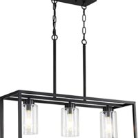 Black 3-Light Dining Room Light Fixture, Modern Farmhouse Chandeliers, Linear Rectangular Kitchen Island Lighting, Industrial Vintage Pendant Lighting with Clear Glass Shade Height Adjustable