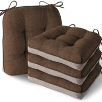 Indoor Kitchen Chair Cushions Set of 4 Non Slip Tufted Chair Pads with Ties Thick Dining Room Seat Cushions 16'' x 16'' x 4'' Coffee