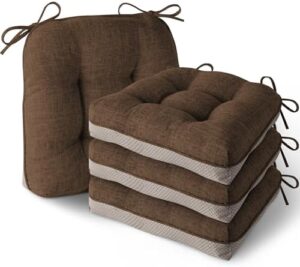 Indoor Kitchen Chair Cushions Set of 4 Non Slip Tufted Chair Pads with Ties Thick Dining Room Seat Cushions 16'' x 16'' x 4'' Coffee