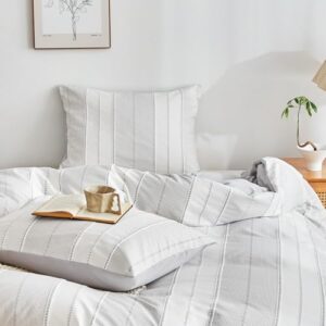 WARMDERN Light Grey Striped Weave Duvet Cover King Size, White Knit Boho Duvet Cover Set, Microfiber Textured Bedding Set with Zipper Closure and Corner Ties (Light Grey, King) - Image 7