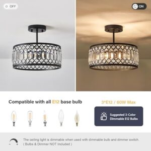 Crystal Black Ceiling Light, Modern Semi Flush Mount Ceiling Lighting Fixture, Round Hallway Lighting Fixtures Chandelier for Kitchen Entryway Bedroom Dining Room, 3-Light, 12.2 Inch - Image 6