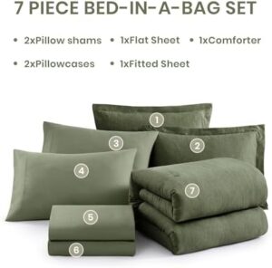 Monbix Queen Comforter Set - 7 Pieces Cationic Dyeing Olive Green Bed in a Bag Queen Bedding Sets with Comforter, Sheets, Pillowcases & Shams, Reversible Bedding Comforters Sets - Image 6