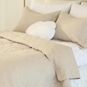 Cmfshape Lightweight Quilt Set Summer Comforter,Thin Soft Bedspread 3 Pieces King Bedding Set Morden Style Banana Leaves Patterns (Beige, King)
