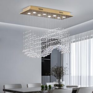 Siljoy Modern Crystal Chandelier Gold Rectangular Wave Raindrop Chandelier 8 Lights Rectangle Flush Mount Ceiling Light Pendant Light Fixture for Dining Room Living Room Kitchen Island L31.5'' - Image 5