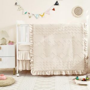 3-Piece Tufted Ruffle Crib Bedding Set for Girls - Ultra Soft Baby Bedding Set Includes Boho Crib Comforter, Sheet & Skirt (Beige) - Image 2