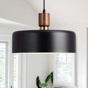 Modern Solid Wood Pendant Lights,13.8" Large Hammered Vintage Chandeliers,Black Finish Hanging Lighting Lamp,Industrial Drum Ceiling Light Fixtures for Dining Room,Kitchen Island, Farmhouse - Image 2