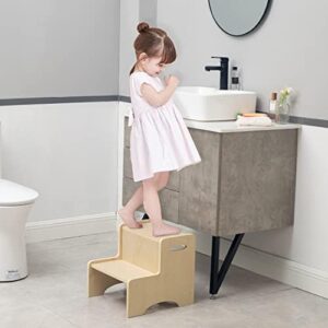 WOOD CITY Wooden Toddler Step Stool for Kids, Bathroom Potty Stool & Kitchen Stool, Natural Two Step Stool for Bedroom, Children's Stool with Handles and Safety Non-Slip Pads - Image 3