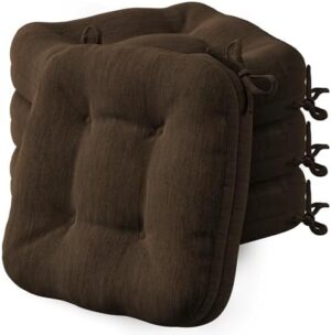 Codi Dining Chair Cushions 4 Pack, Thick Chairs Pads for Indoor Kitchen Room - Washable, Non-Slip Memory Foam Seat Cushion with Ties, 16.5"x16.5"x 3.5", Set of 4, Brown