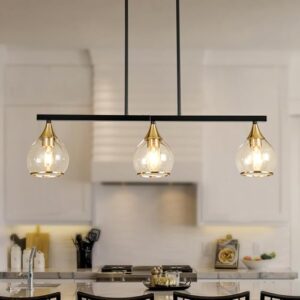 Island Light for Kitchen, 3-Light Black and Gold Kitchen Island Farmhouse Linear Hanging Pendant Chandeliers, Matte Black Dining Room Light Fixture Over Table with Clear Round Glass Shades