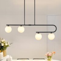 Kitchen Island Lighting 4 Lights, Black Dining Room Light Fixture Over Table, Mid Century Modern Chandelier Globe Glass Linear Chandelier Pendant Lighting for Dining Table, Height Adjustable
