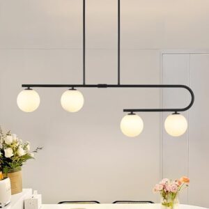 Kitchen Island Lighting 4 Lights, Black Dining Room Light Fixture Over Table, Mid Century Modern Chandelier Globe Glass Linear Chandelier Pendant Lighting for Dining Table, Height Adjustable