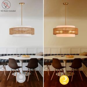 23.6" Rattan Chandelier with Linen Farmhouse Vintage Boho Hand Woven Bamboo Chandelier Light Fixture Modern Drum Wicker Rattan Gold Chandelier for Dining Room, Kitchen, Living Room - Image 6