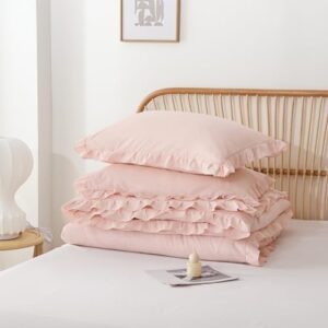 JANZAA Pink Comforter Set Queen 3PCS(1 Ruffled Blush Comforter Set and 2 Pillowcases) Vintage Shabby Chic Bedding Soft Fluffy Comforter Set All Season - Image 9
